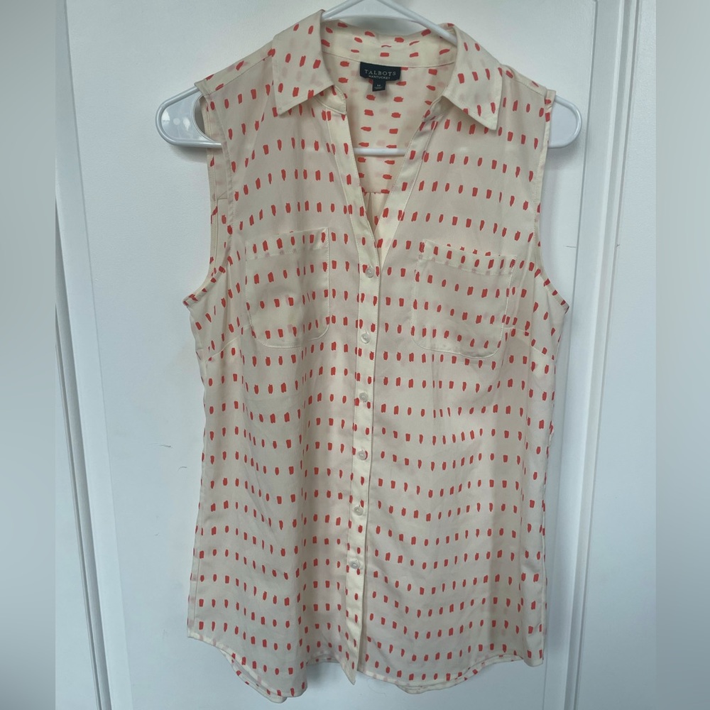 Talbots Nantucket White and Coral Patterned Button-up Sleeveless Blouse